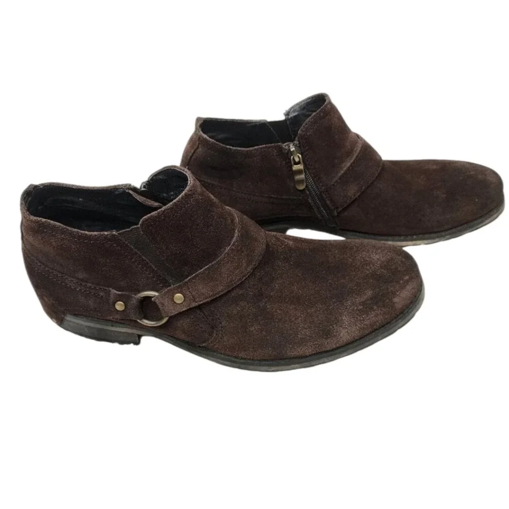 Donald Pliner Suede Leather Ankle Boots Brown Harness Buckle Moto Biker‎ Style 8